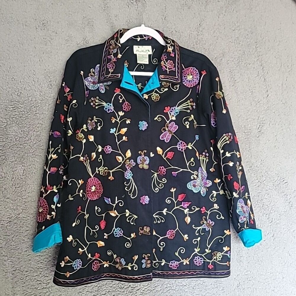 The Quacker Factory Cotton Jacket Grandma Core Black Teal Beaded Embroidered Sm